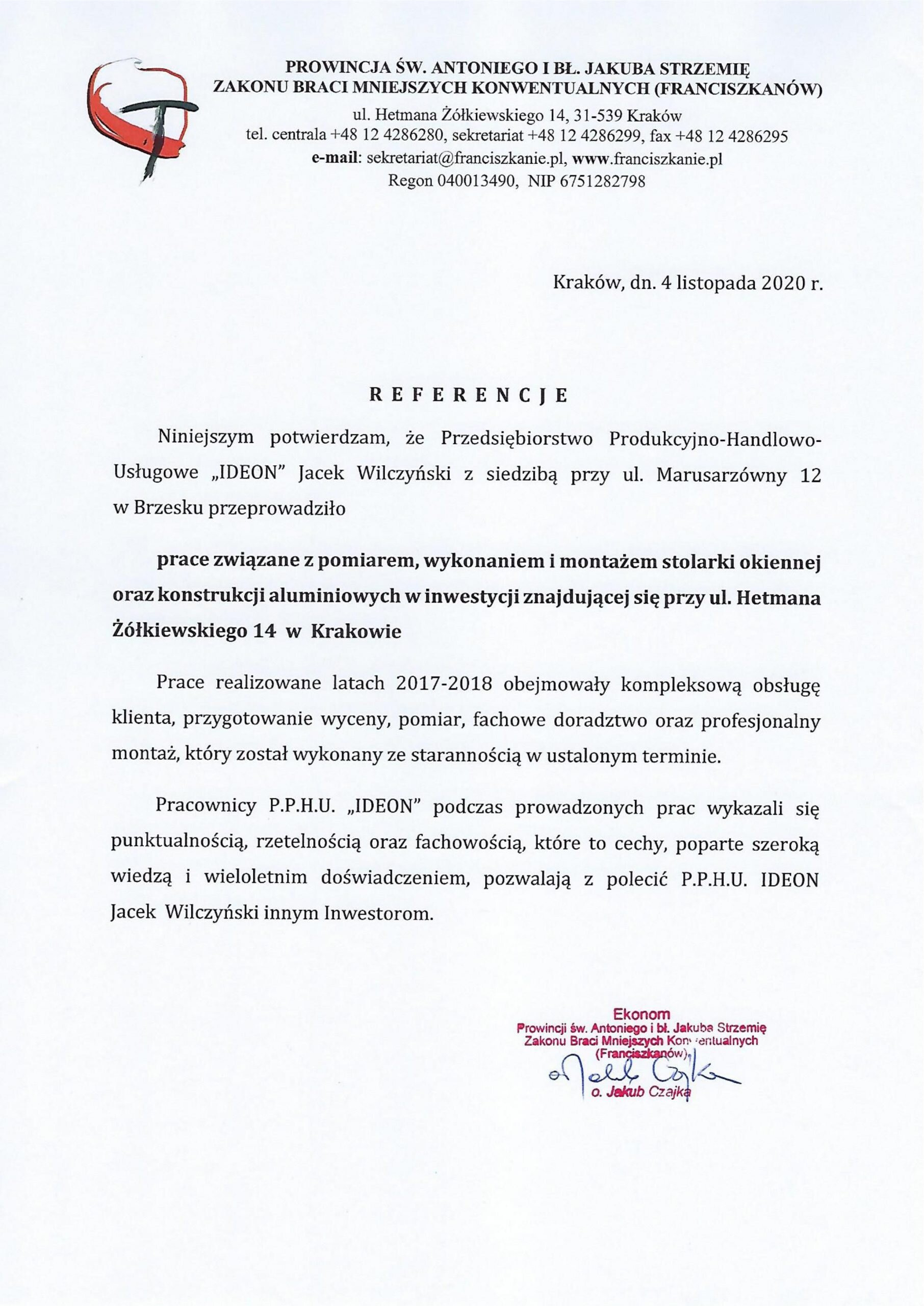 Referencje Ideon Oknoplast - Franciszkanie kraków